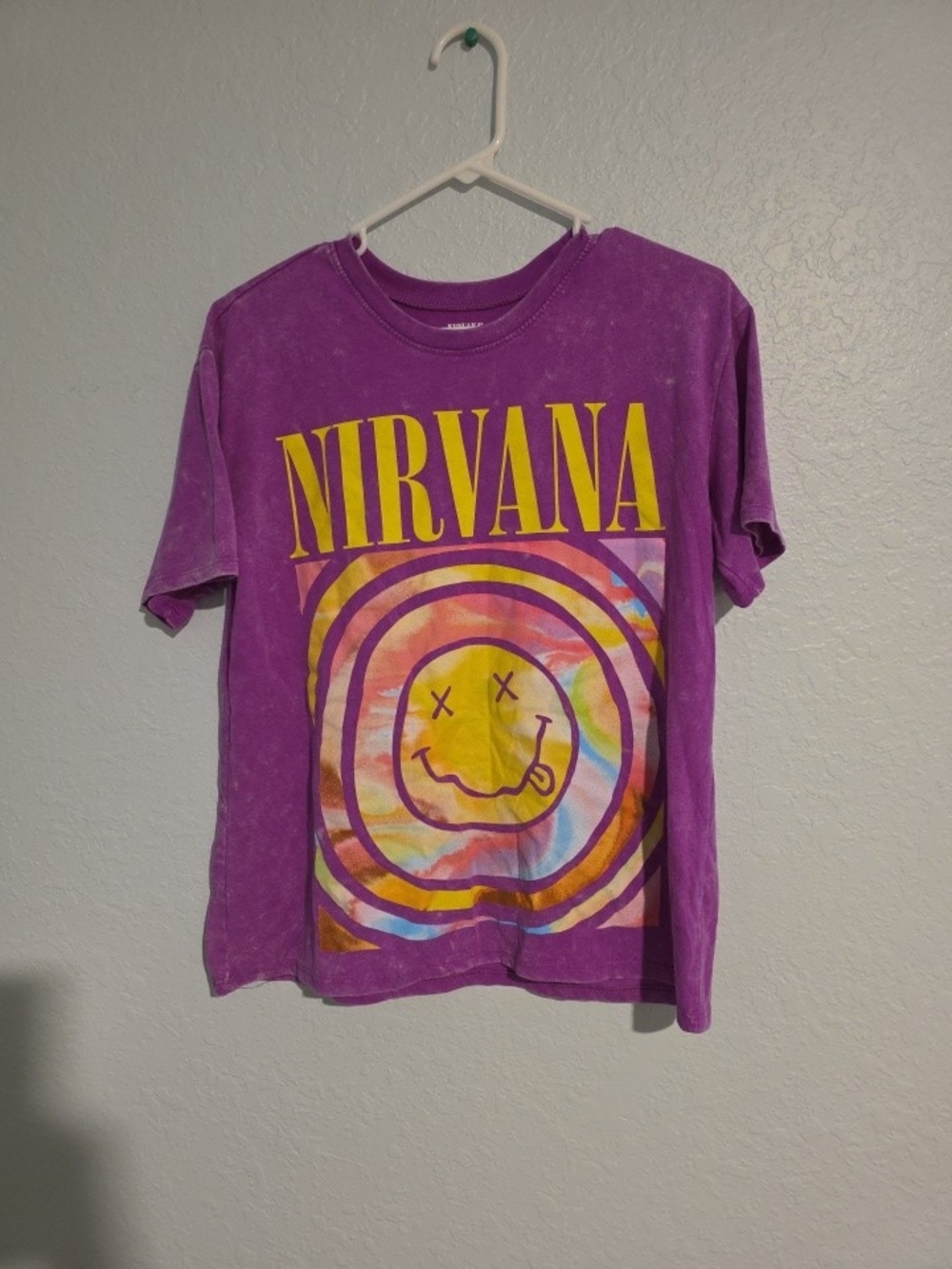 NIRVANA Purple Short-Sleeve Tee with Yellow Logo & Multicolor Smiley